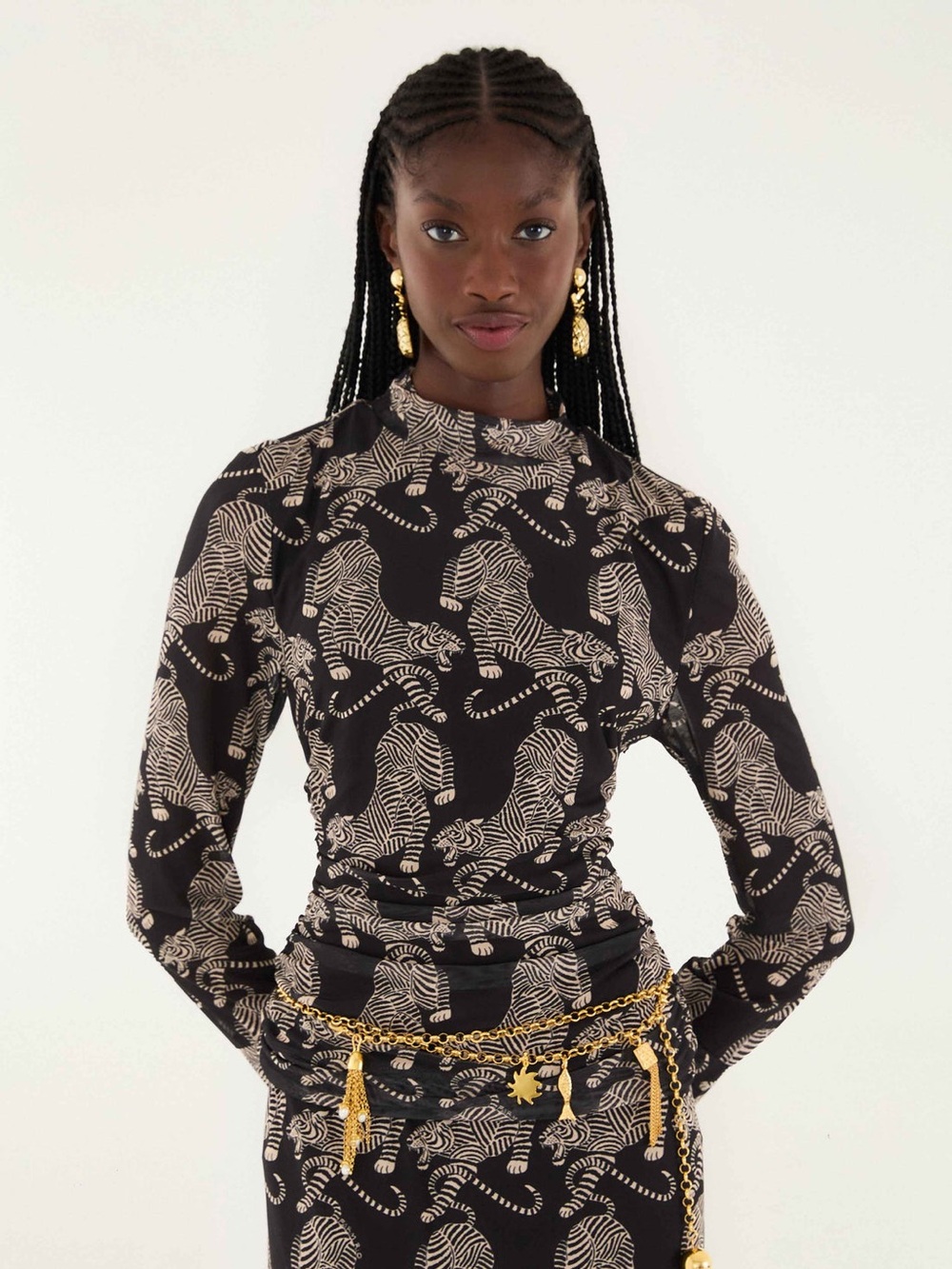 FARM Rio Black Long-Sleeve Top with Cream Tiger Print